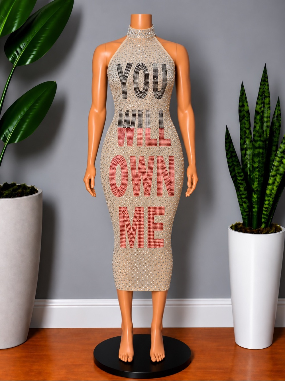Beaded Statement Halter Midi Dress - Nude with Red & Black Text